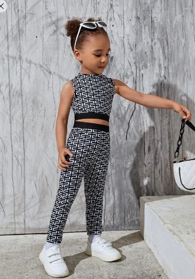 Shein Young Girl Number Print Mock Neck Tank Top & High Waist Pants, 5T +