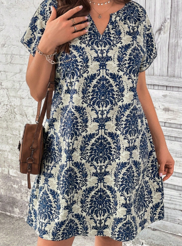 Shein Plus Allover Print Notched Neckline Dress, 0XL +