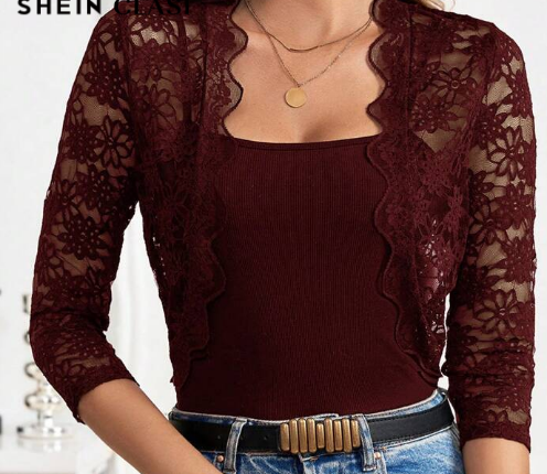 Shein Solid-Color Lace Shell Trim Sheer  Jacket, L +
