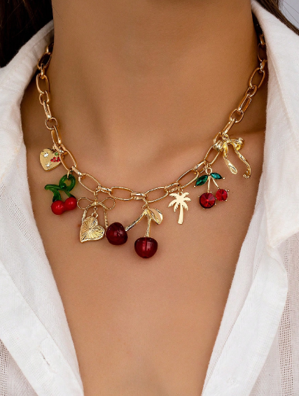 Shein 1pc Cherry Charm, Palm Tree Heart Locket, Bow Charm Necklace >