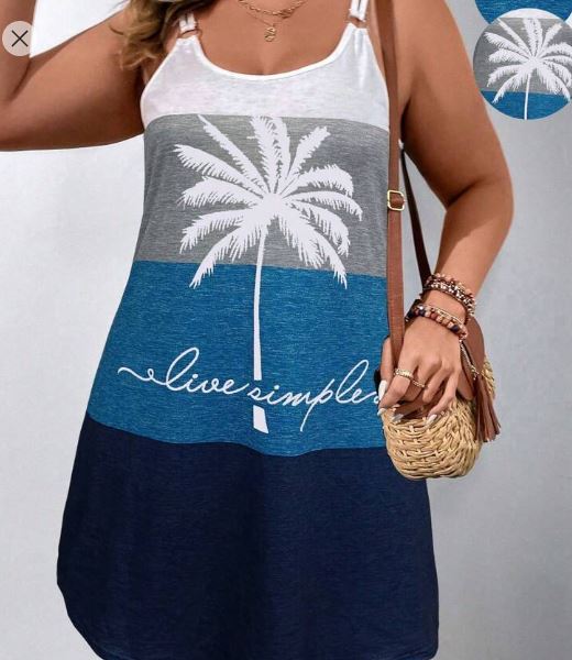 Shein Plus Size Women's Palm Tree & Letter Print Strappy Summer Boho Dress, XXL +