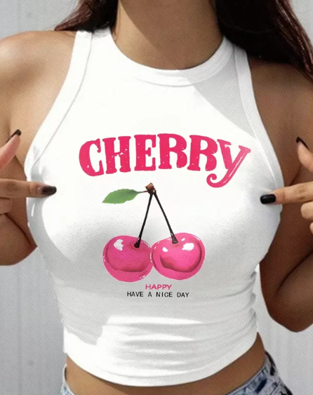Shein Casual Cherry Print Slim Fit Round Neck Tank Top, +