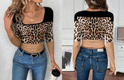Shein Women Casual Leopard Patchwork Long Sleeve T-Shirt, XL -.