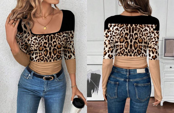 Shein Women Casual Leopard Patchwork Long Sleeve T-Shirt, XL /