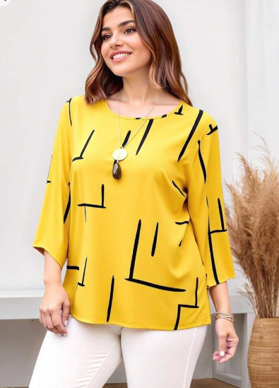Shein Plus Size Old Money Women's Line Print Round Neck 3/4 Sleeve Casual Shirt, 1XL +