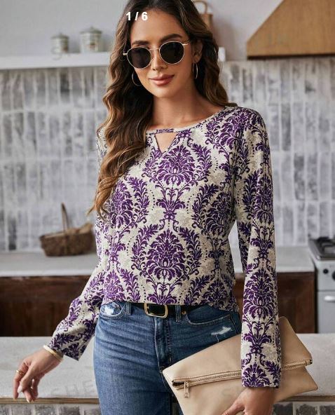 Shein Women's Printed Shirt With Keyhole Collar & Long Sleeve, L /