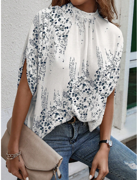 Shein Women's V-Neck Sparkle Printed Loose Short Sleeve Blouse, L +