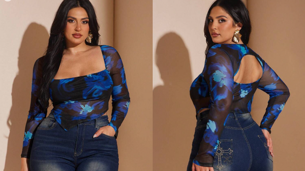 Shein Plus Size Women Floral Print Mesh Hollow Back Slim Fit Top, 0XL +