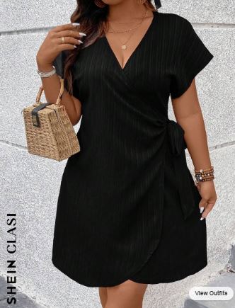 Shein Plus Size Surplice Neck Wrap Belted Dress, M /