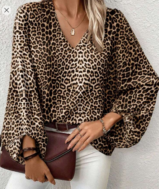 Shein Plus Size Women Leopard Print V-Neck Lantern +