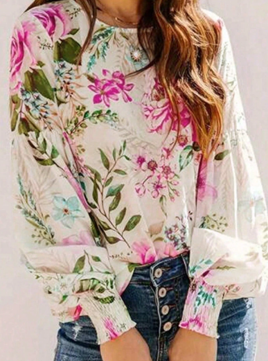 Shein Floral Round Neck Pleated Bubble Sleeves Pullover Shirt, L +