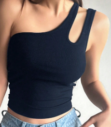 Shein Hollow Out Fitted Sexy Asymmetrical Neck Slant Shoulder Top, XL>