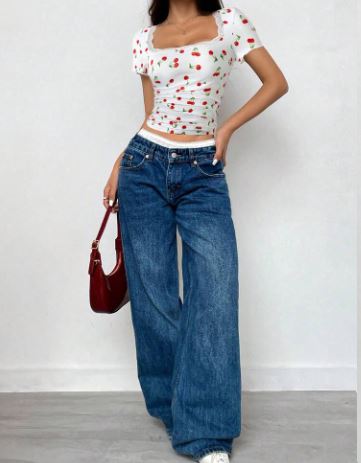 Shein Casual Daily Cherry Print Contrast Lace Slim Fit T-Shirt, M +