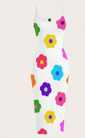 SHEIN Colorful Flower Printed White Simple Slim Strap Long Dress,  S-.