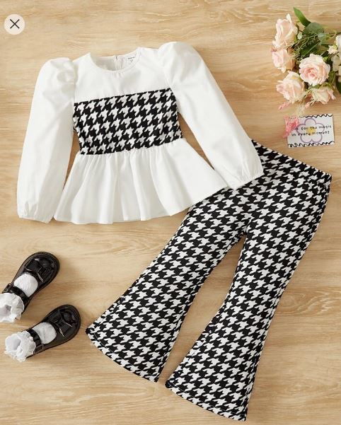 Shein Kids Houndstooth Print Puff Sleeve Peplum Top & Flare Leg Pants, 4T +