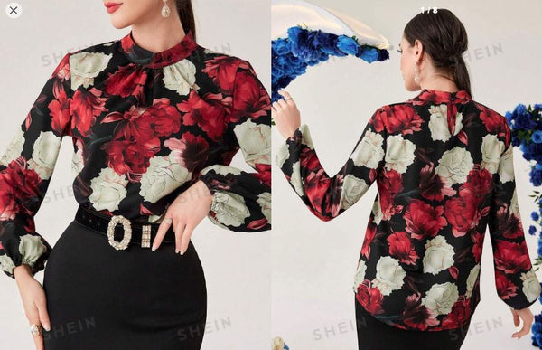 Shein Women's Stand-Collar Flower Print Lantern Sleeve Shirt, L +