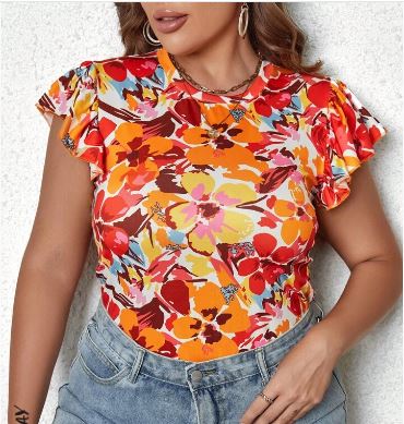 Shein Plus Floral Print Butterfly Sleeve Tee, 1XL -.