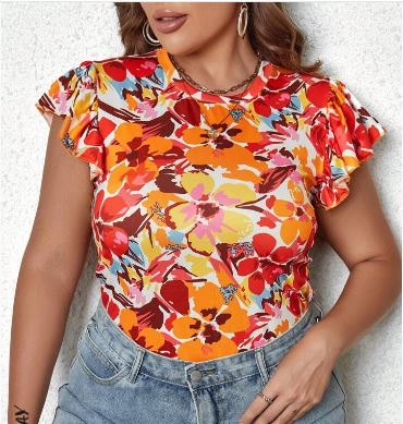 Shein Plus Floral Print Butterfly Sleeve Tee, 1XL*/