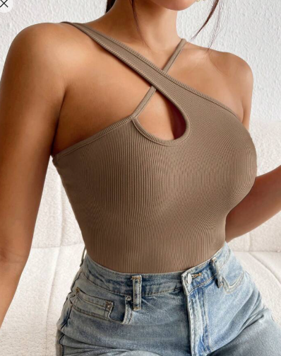 Shein Criss Cross Ribbed Knit Asymmetrical Neck Cut Out Front Top, L +