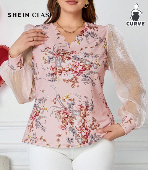 Shein Plus Size Mesh Patchwork Floral Lace V-Neck Casual Blouse, XL +
