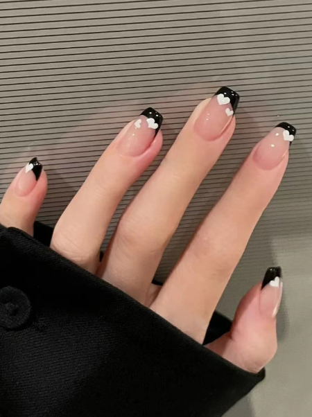 Shein 24Pcs French Short Ballerina Nail Nails Nude French Black Heart Press On Nails -.