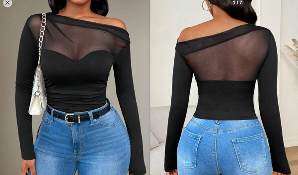 Shein Women's Solid Color Ruched Mesh Splice Asymmetrical Neck T-Shirt, L +