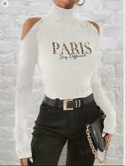 Shein Cut-Out Shoulder Leopard Print English Letter Graphic Tight High Neck T-Shirt, L >
