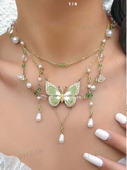 Shein Fairycore Green Butterfly Necklace /