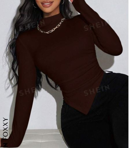 Shein Solid Color Stand Collar Asymmetrical Hem Long Sleeve T-Shirt, L /