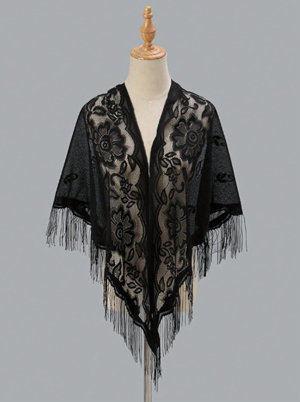 Shein 1pc Solid Color Hollow Out Breathable Tassel Triangle Scarf/Shawl +
