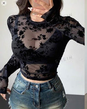 Shein Women's Sheer Floral Print Sexy Long Sleeve Blouse >