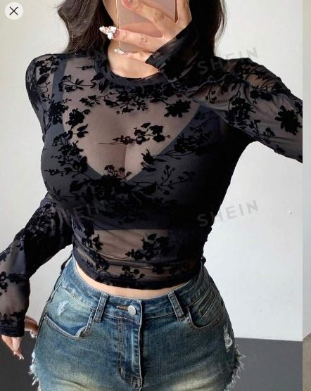 Shein Women's Sheer Floral Print Sexy Long Sleeve Blouse >