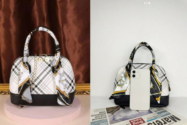 Shein 1pc Mini Metallic Geometric Pattern Handbag With Coffee Silk Scarf & Chain Strap +
