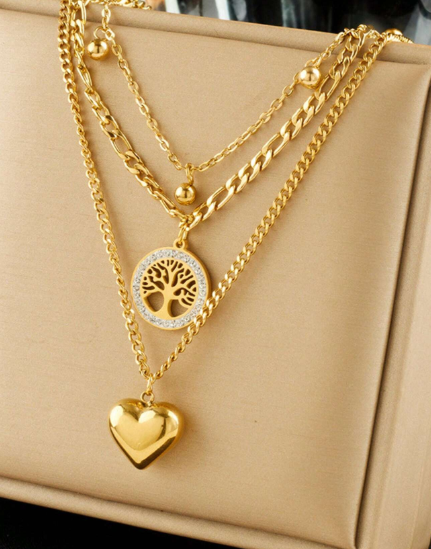 Shein 1pc Retro Stainless Steel Multi-Layered Chain Heart Circle Disc Tree Of Life Pendant Necklace +