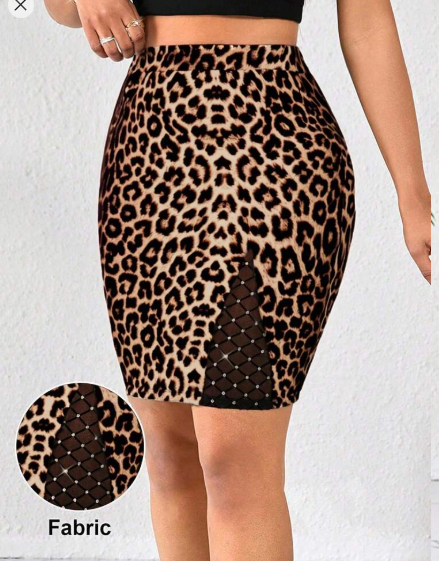 Shein Leopard Print Spliced Mesh Bright Diamond Mesh Fabric Knitted Skirt, XL +