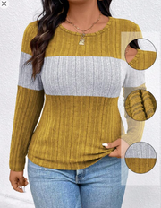 Shein Plus Size Contrast Color Round Neck Ribbed Long Sleeve Casual T-Shirt, 0XL +