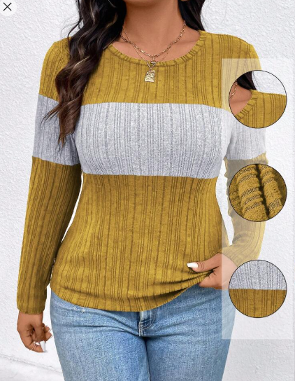 Shein Plus Size Contrast Color Round Neck Ribbed Long Sleeve Casual T-Shirt, 0XL +