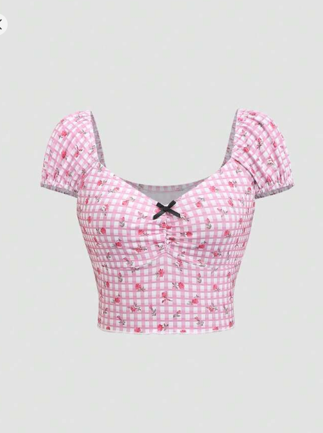 Shein Women's Square Neck Plaid Print Slim Fit T-Shirt, M +