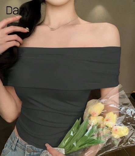 Shein Women Solid Color Minimalist Casual Tight Off-Shoulder Top, L +