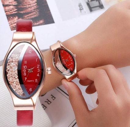 Shein Oval Case Crystal Leather Band Quartz Wrist Watch /