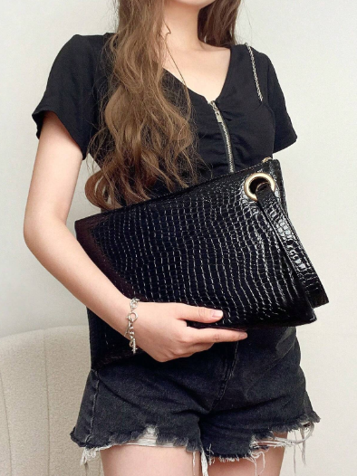 Shein Women's Fashion Crocodile Embossed Square Clutch Bag >