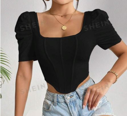 Shein Square Neck Puff Sleeve Asymmetrical Hem Crop Tee +
