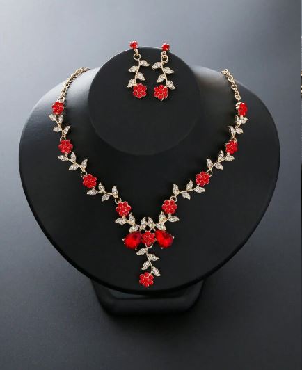 Shein 1 Pair Earrings + 1 Necklace Flower Design Elegant Vintage Rhinestone Jewelry Set /