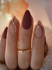 Shein 24pcs Matte Almond Shape Press On Nails Golden & Red Stripe False Nails -.