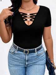 Shein Plus Size Summer Casual Slim Fit Hollow Out Solid Color T-Shirt>