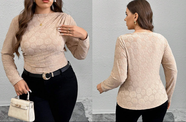 Shein Floral Jacquard Long Sleeve Shoulder Pleat Bodycon Slim T-Shirt, 0XL +