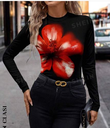 Shein Red Floral Print Knit Slim Fit Long Sleeve Women T-Shirt, S /