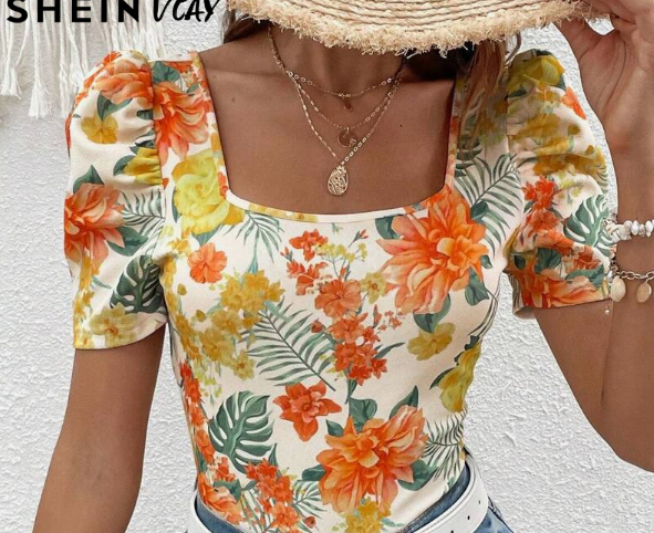 Shein Tropical Print Square Neck Puff Sleeve Tee, XL +