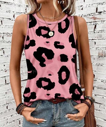 Shein Leopard Printed Round Neck Casual Skinny Fit Women's Tank Top, L /