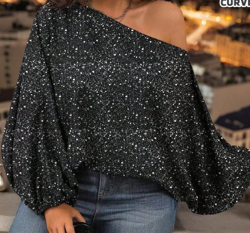Shein Plus Size Sparkle Print Loose Asymmetrical Neck Batwing Sleeve Shirt, 0XL +